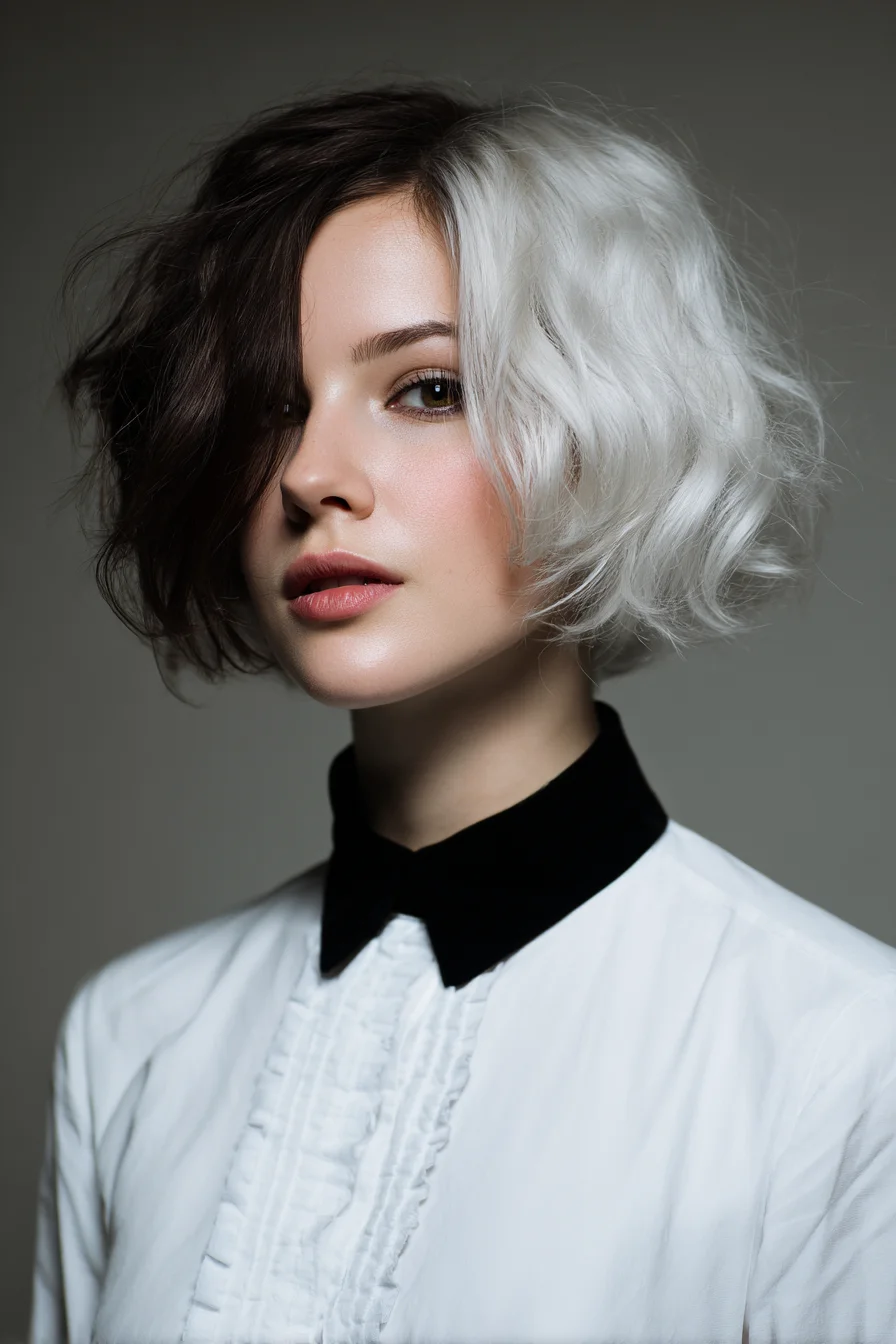 Asymmetrical Two‑Tone Wavy Bob — Short Split-Dye Textured Cut
