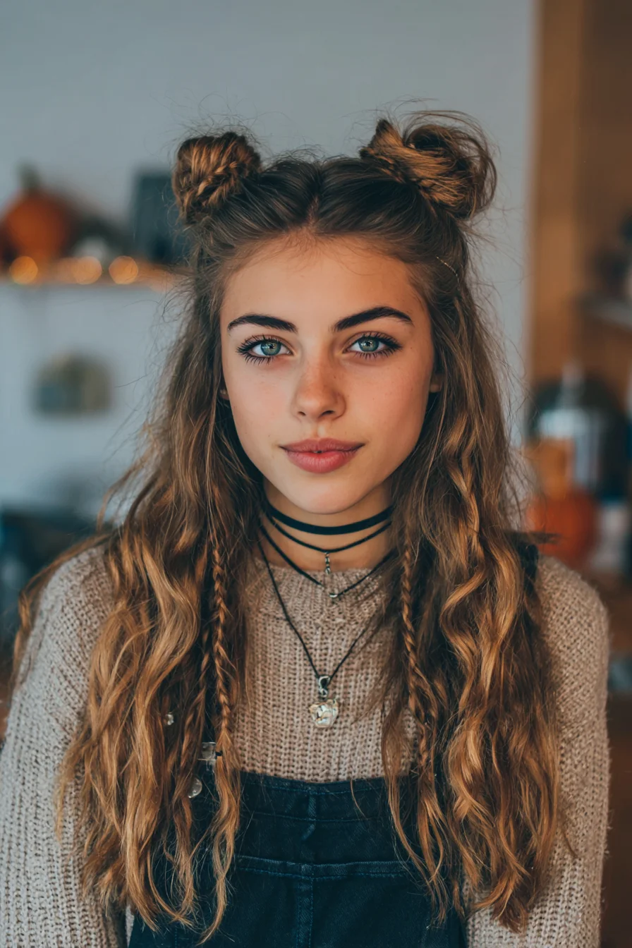 Boho Half-Up Double Buns with Beach Waves and Mini Braids