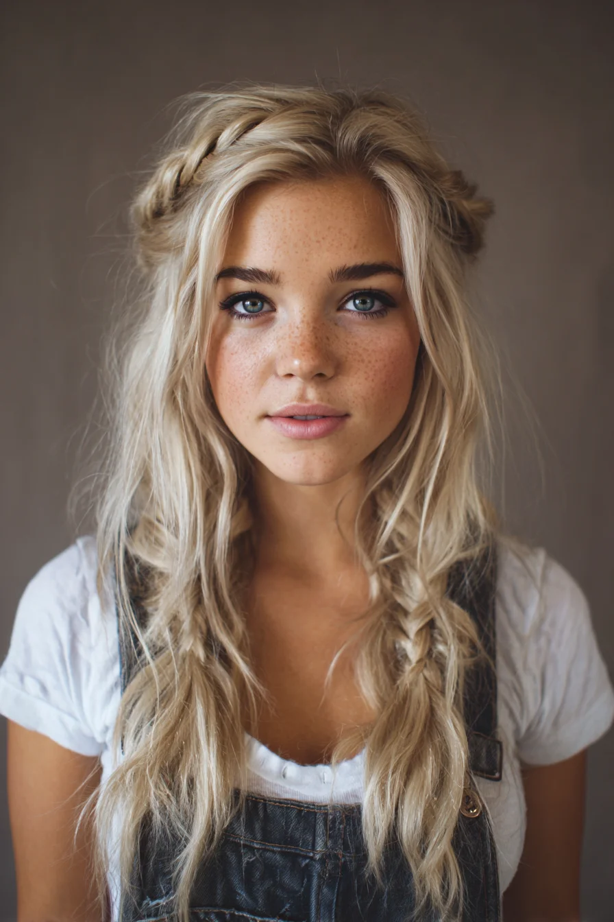 Boho Twisted Crown with Loose Side Braids — Textured Half-Up Hairstyle