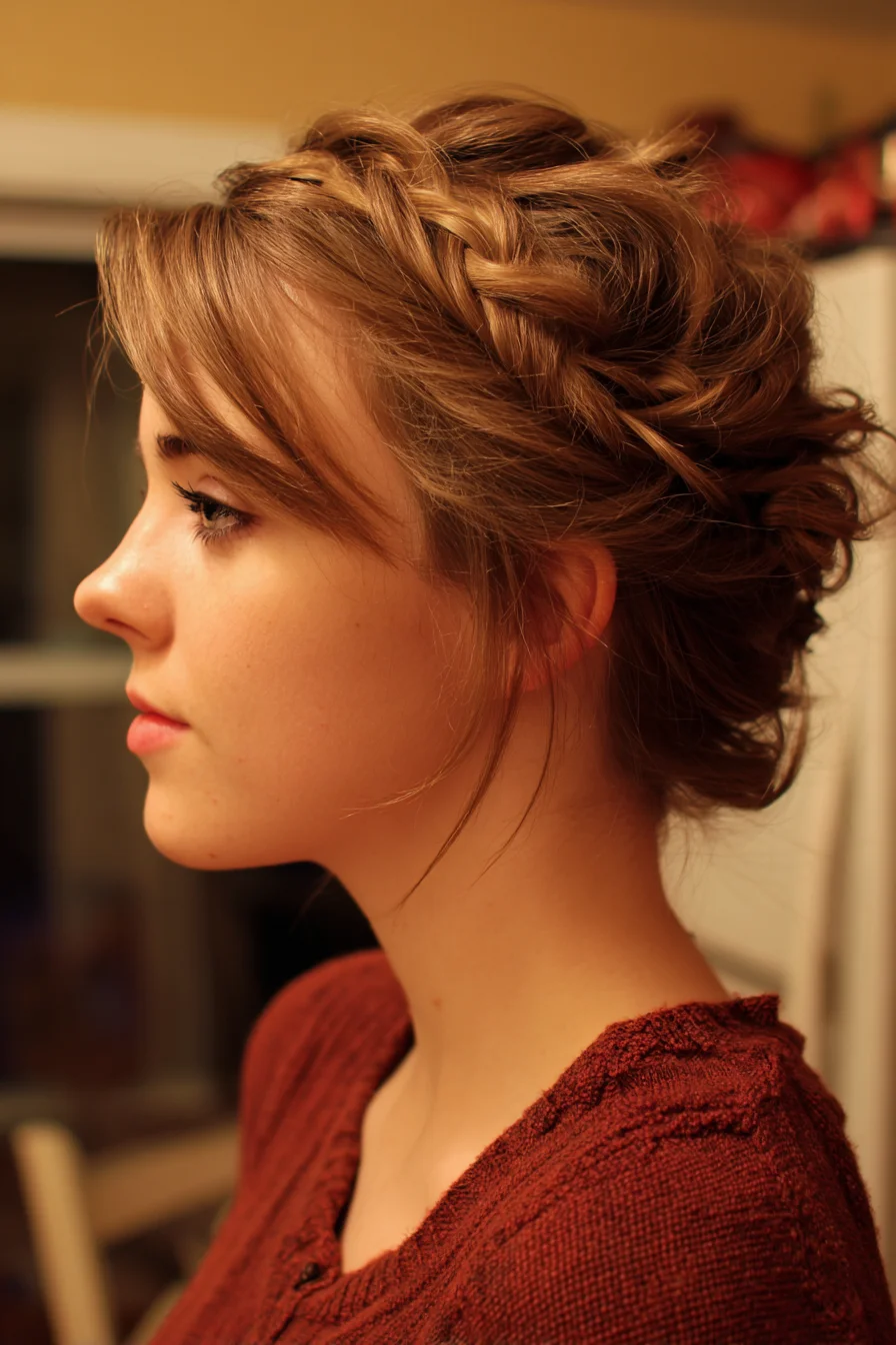 Braided Crown Textured Low Updo with Soft Face‑Framing Pieces