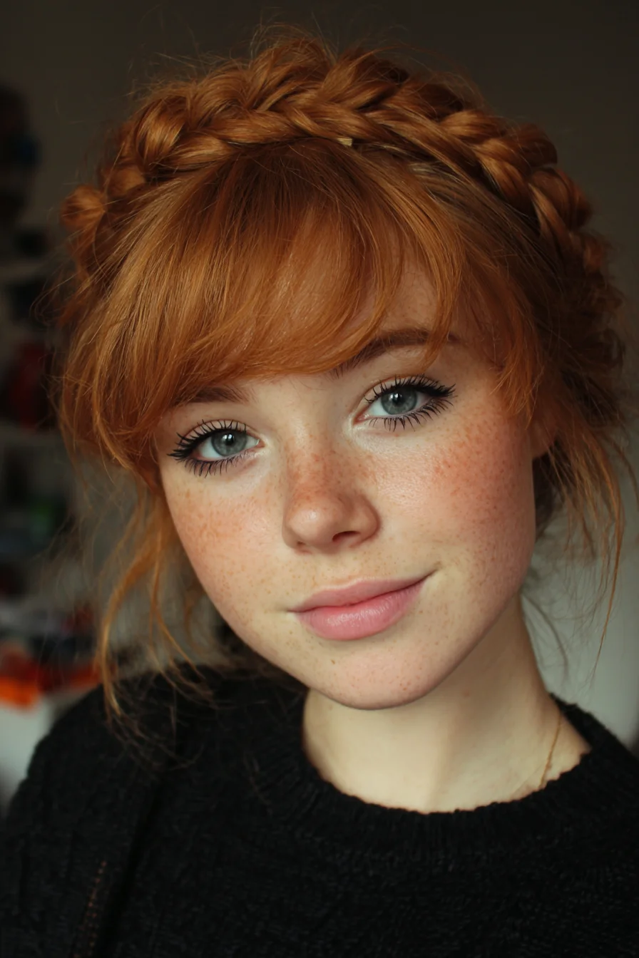 Crown (Halo) Braid with Soft Face‑Framing Bangs — Boho Updo for Fine to Medium Hair