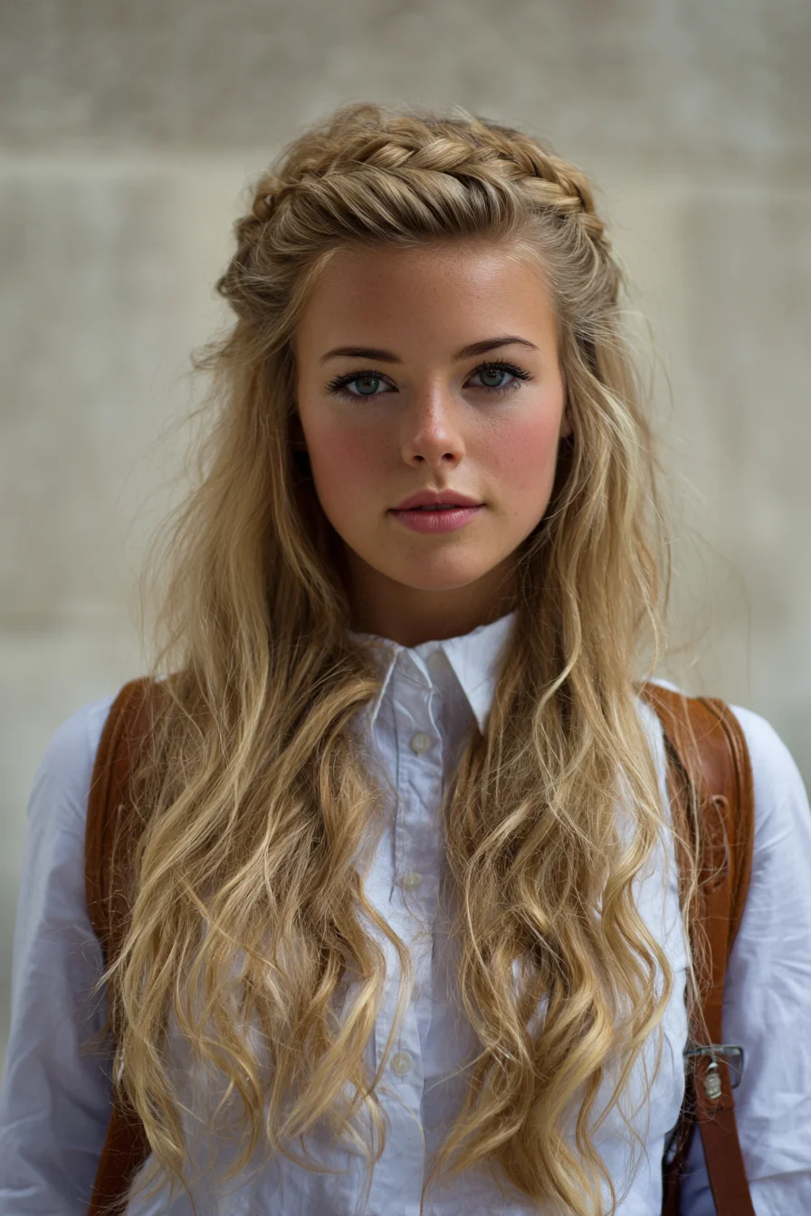 Half-Up Dutch Crown Braid with Loose Beach Waves