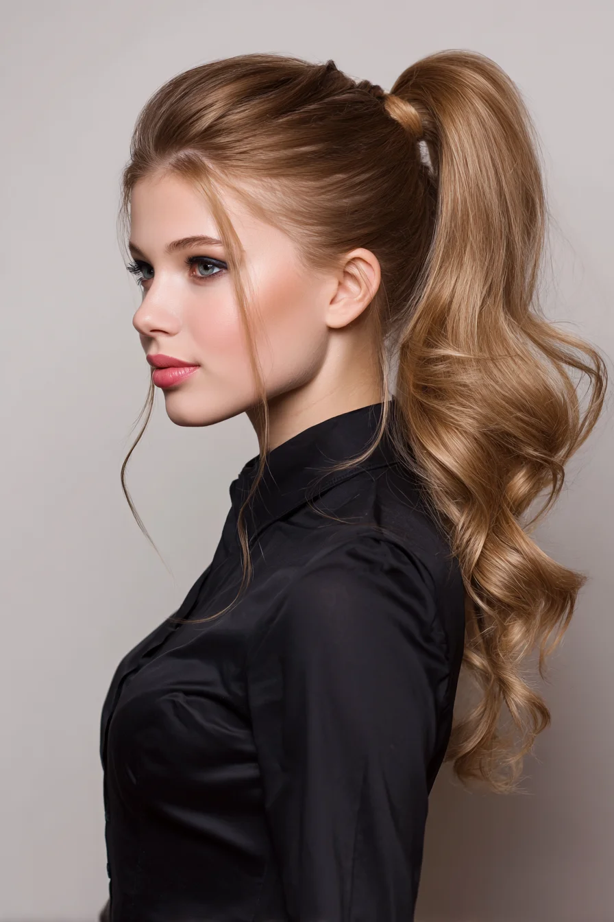 High Voluminous Wavy Ponytail with Face‑Framing Tendrils