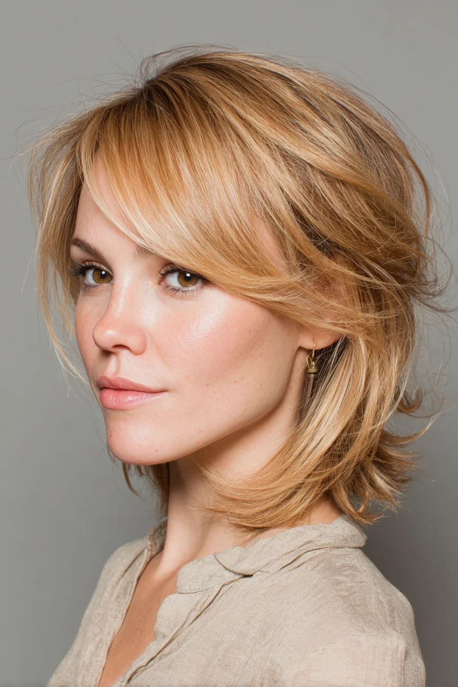 Layered Shoulder-Length Shag with Face‑Framing Side Bangs
