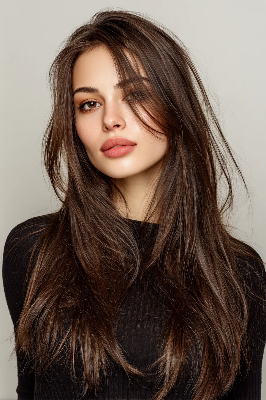 Long Layered Cut with Face‑Framing Curtain Bangs — Soft Texture & Movement
