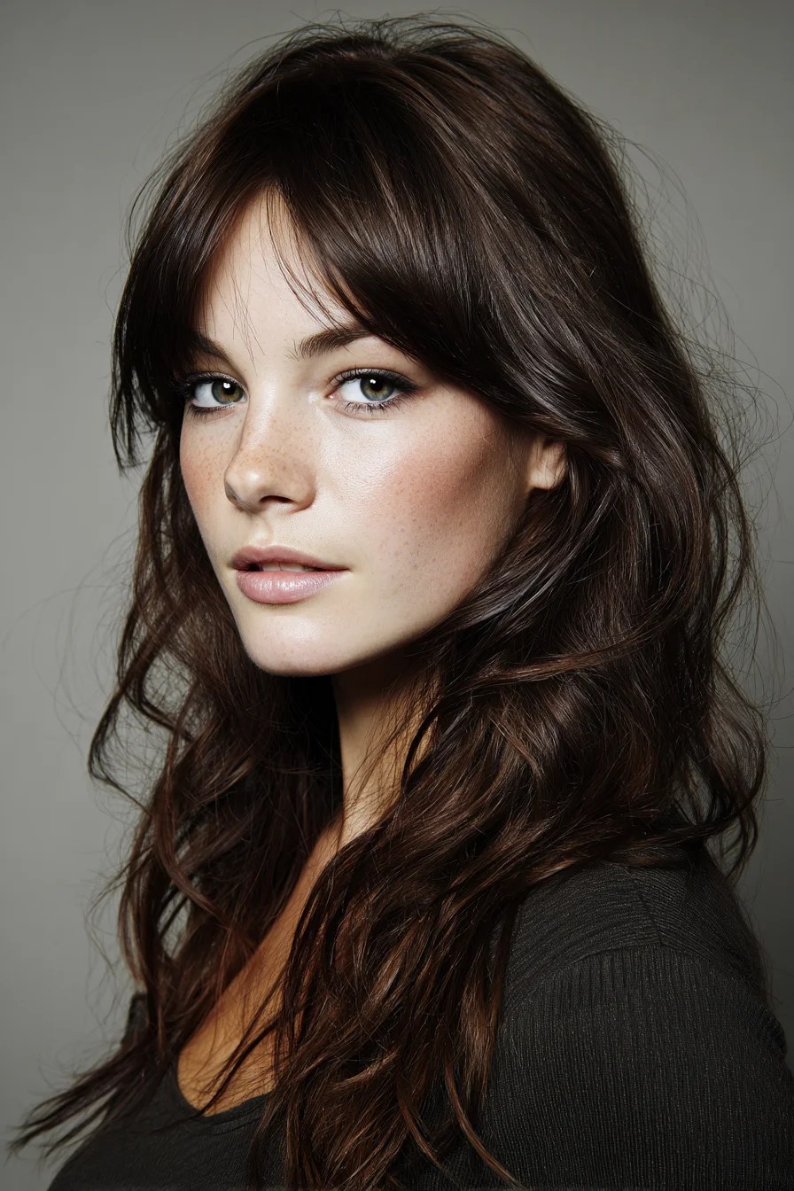 Long Layered Tousled Waves with Curtain Bangs