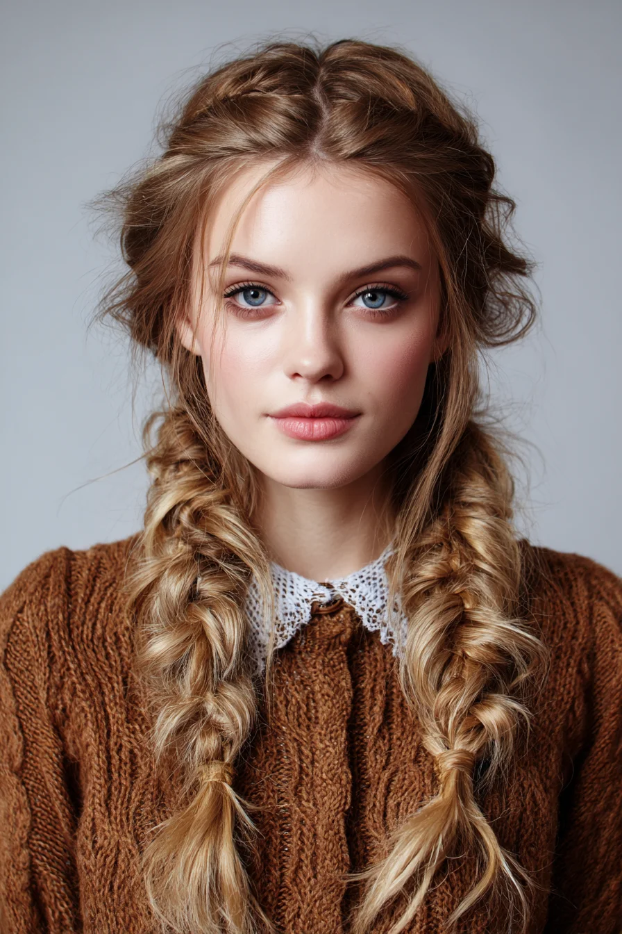 Loose Double Fishtail Braids with Textured Crown