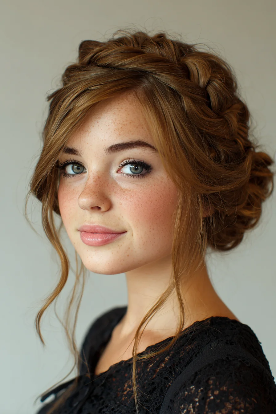 Romantic Crown Braid Updo with Loose Face‑Framing Tendrils