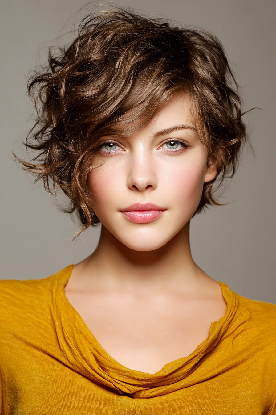 Short Textured Wavy Bob with Side-Swept Fringe