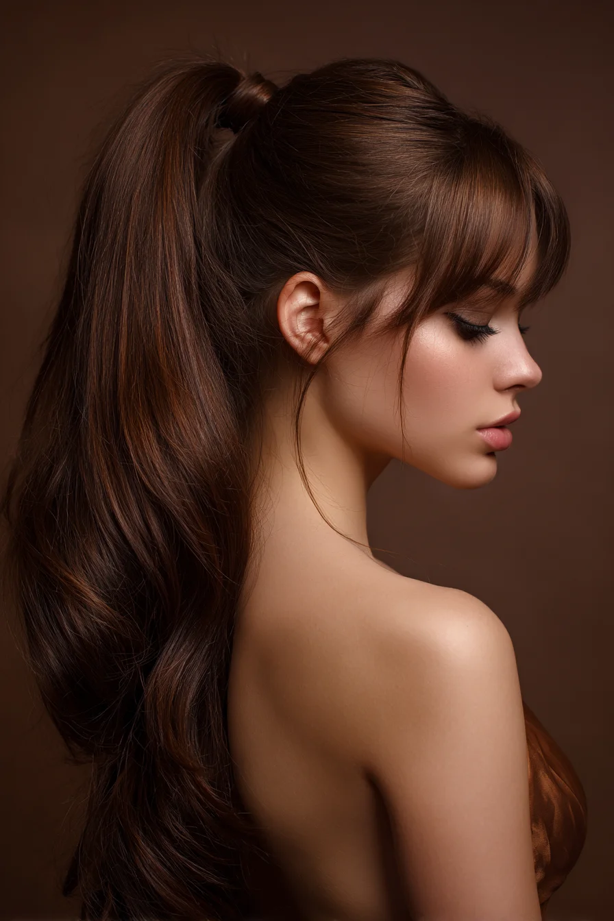 Sleek High Ponytail with Face‑Framing Bangs and Soft Waves