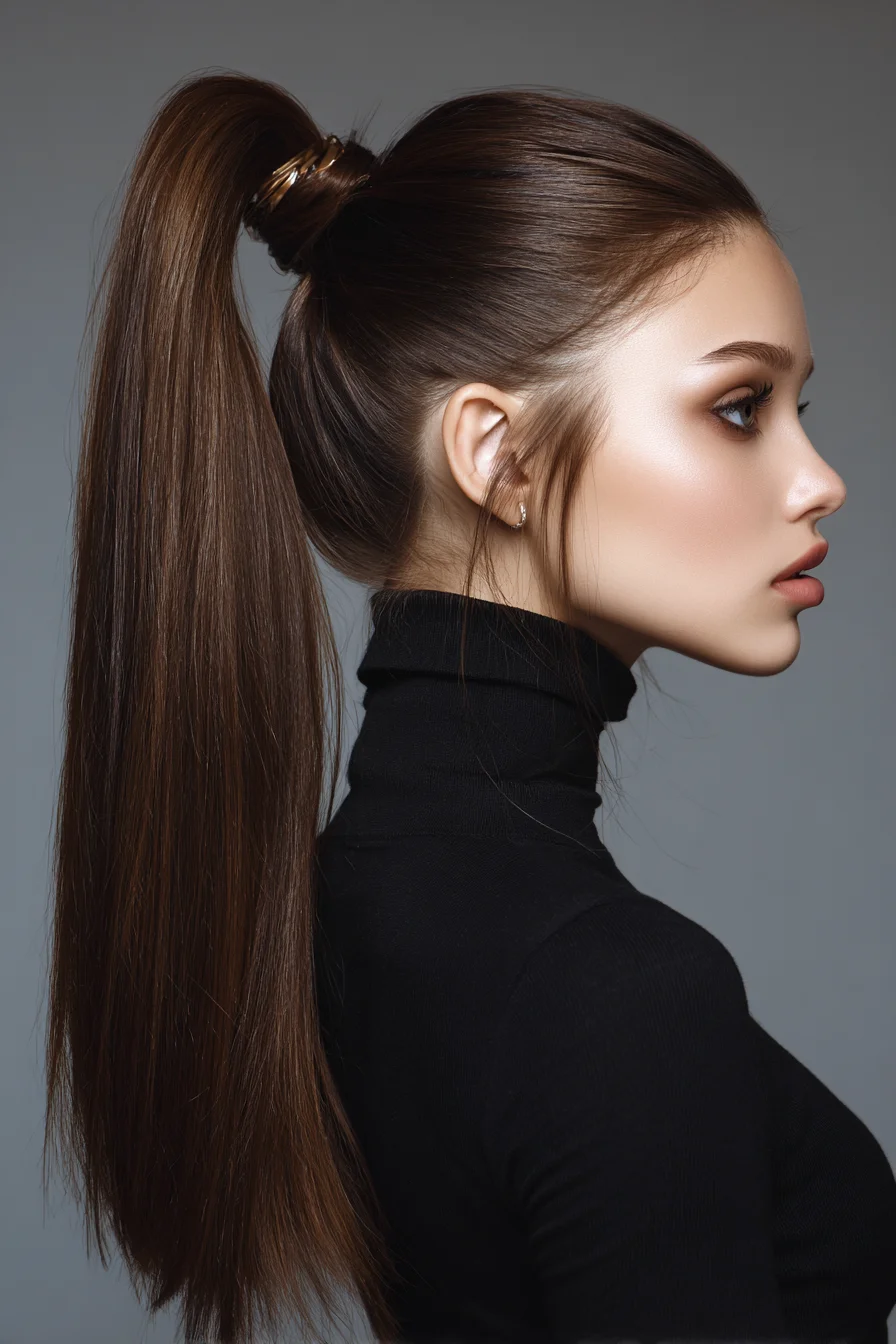 Sleek High Ponytail with Wrapped Base for Long Straight Hair