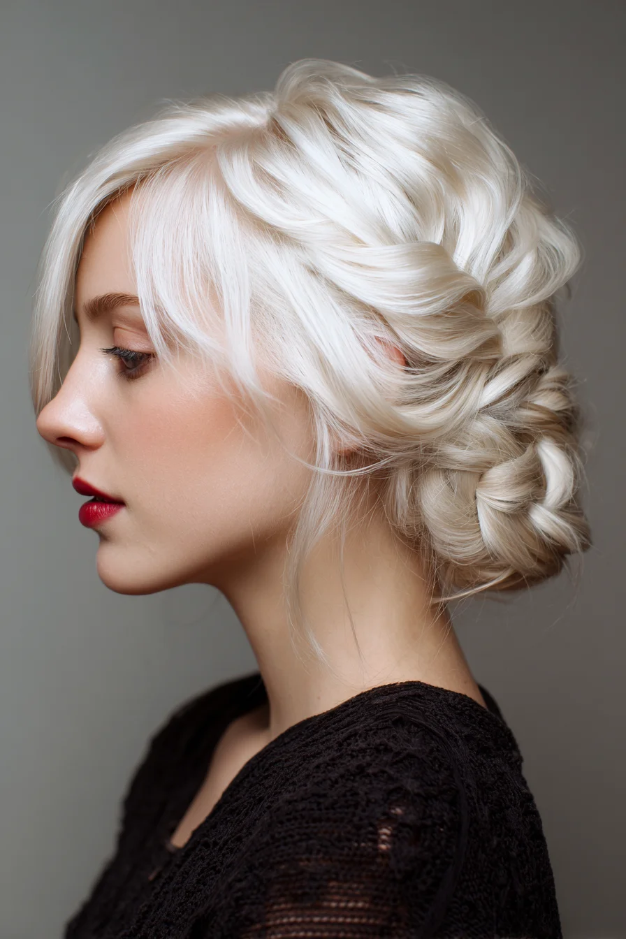 Soft Braided Low Updo with Face‑Framing Layers