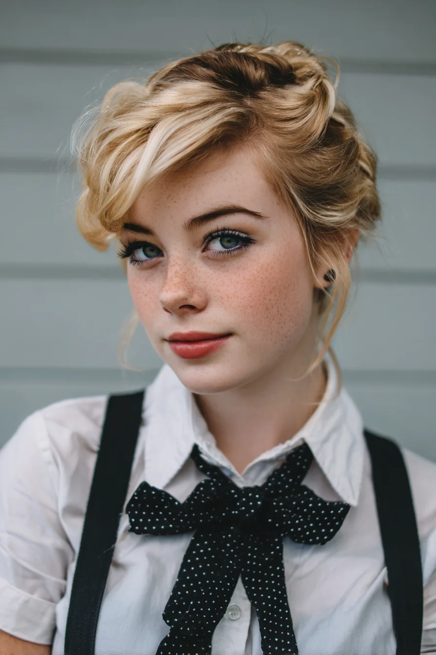 Soft Textured Braided Updo with Side-Swept Fringe