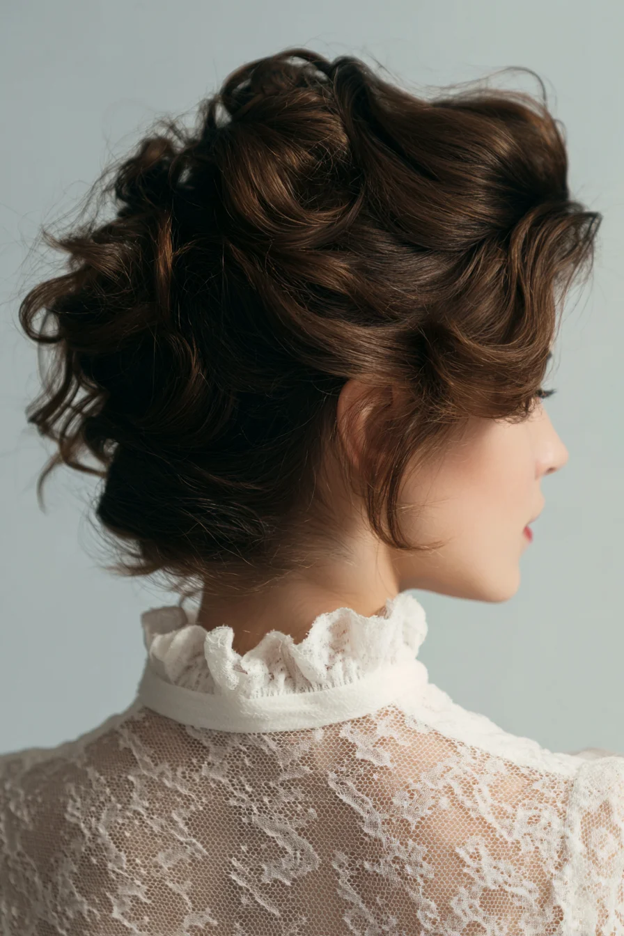 Soft Textured Low Updo with Face‑Framing Tendrils