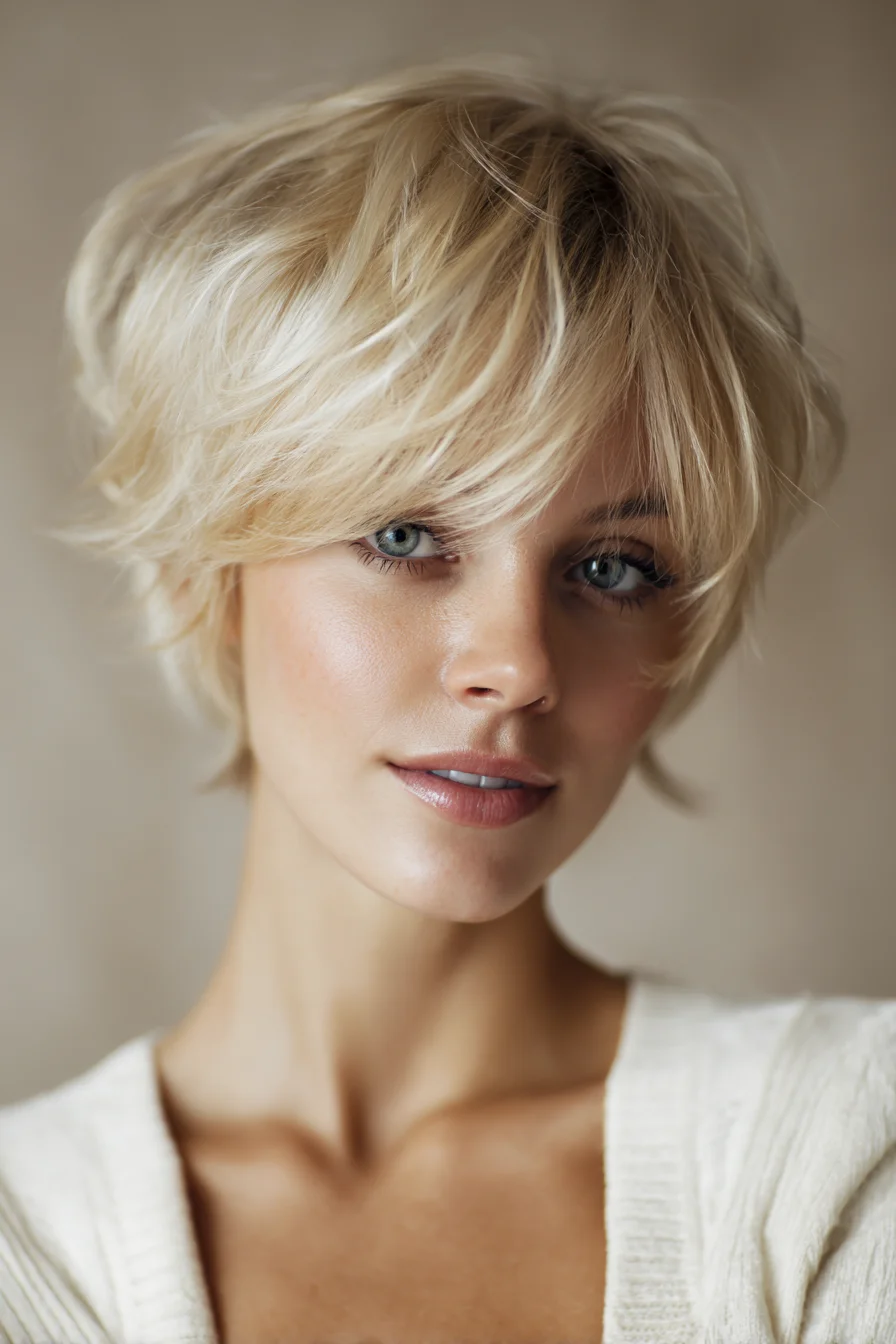 Textured Blonde Pixie with Soft Layered Fringe