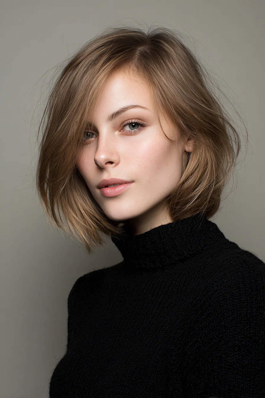 Textured Chin-Length Bob with Soft Side-Swept Fringe