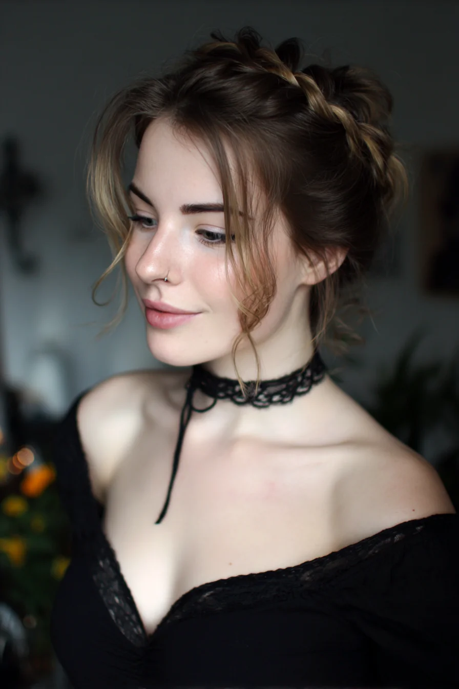 Textured Crown Braid Updo with Soft Face‑Framing Tendrils