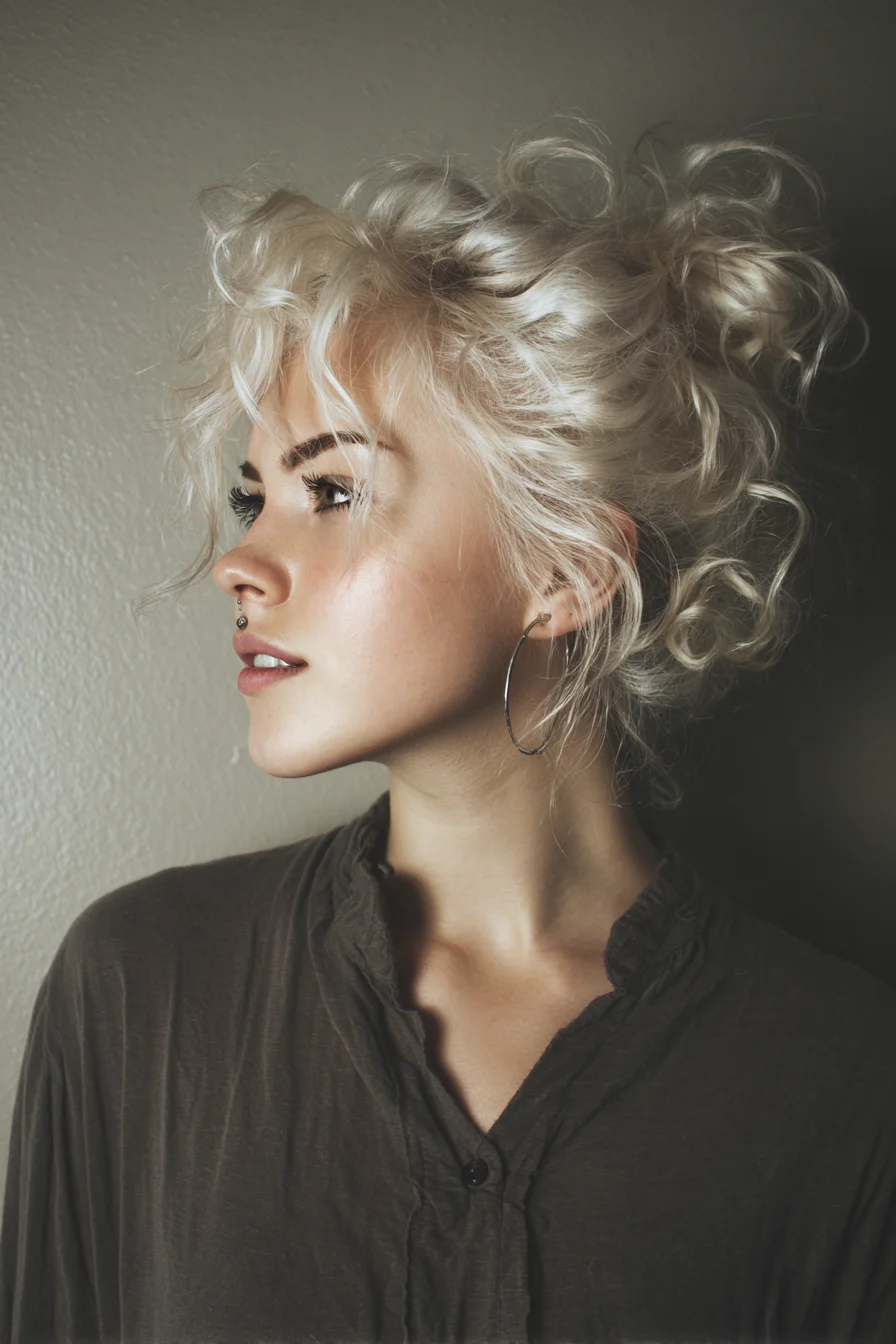 Textured Curly High Messy Bun with Face‑Framing Tendrils