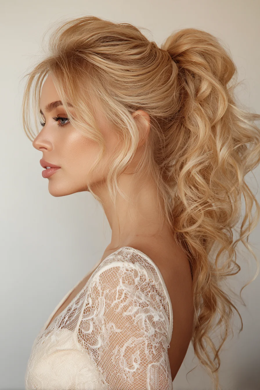 Textured Curly High Ponytail with Face‑Framing Layers