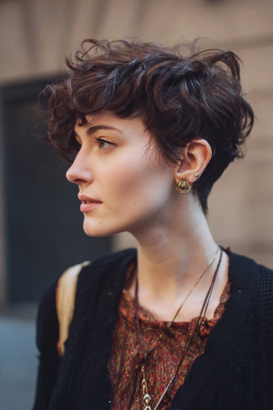Textured Curly Pixie Cut with Tousled Fringe