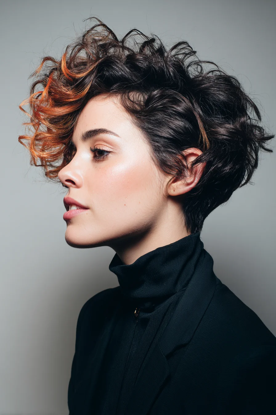 Textured Curly Pixie with Copper Face‑Framing Highlights