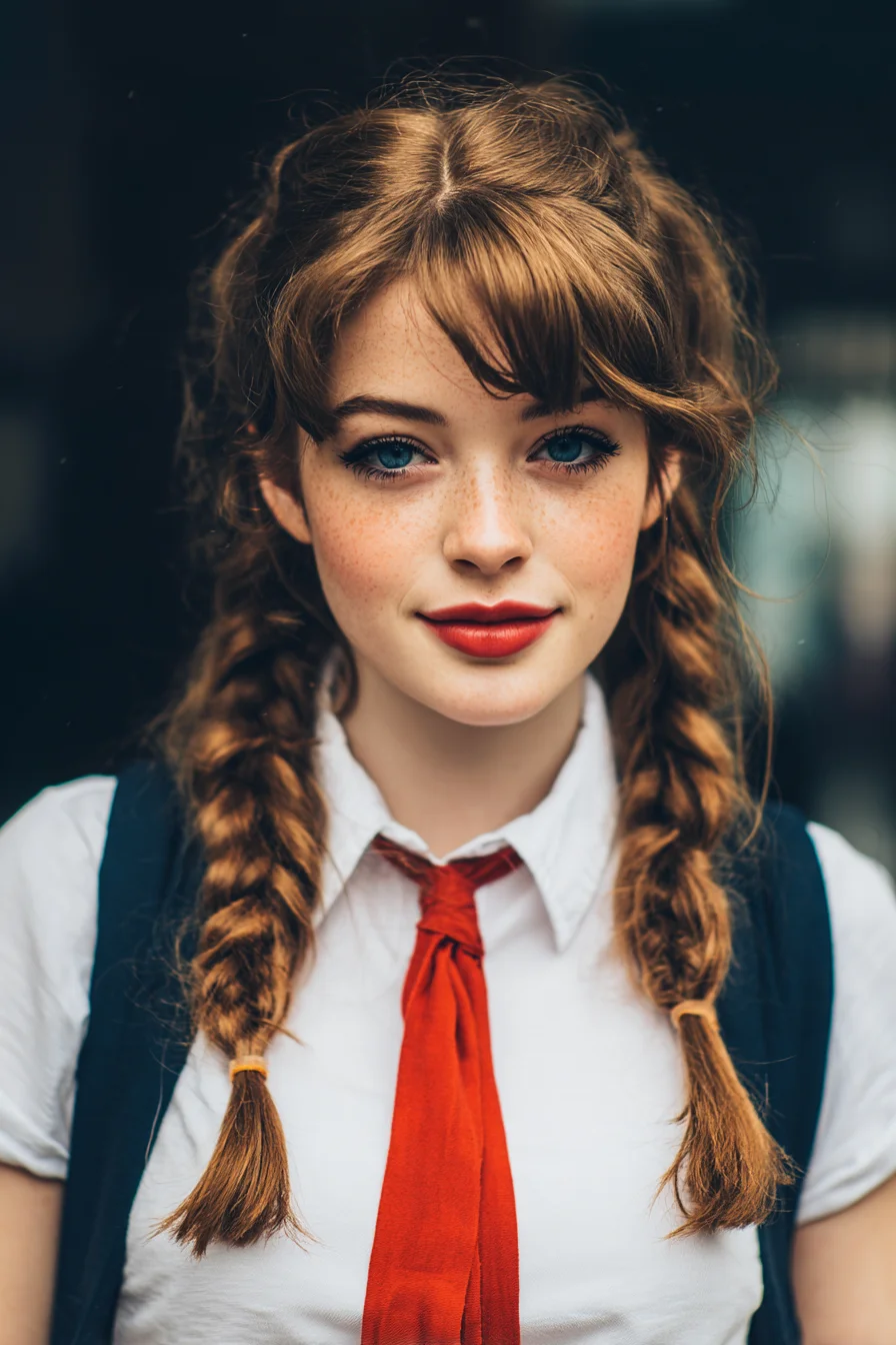 Textured Double Dutch Braids with Curtain Bangs