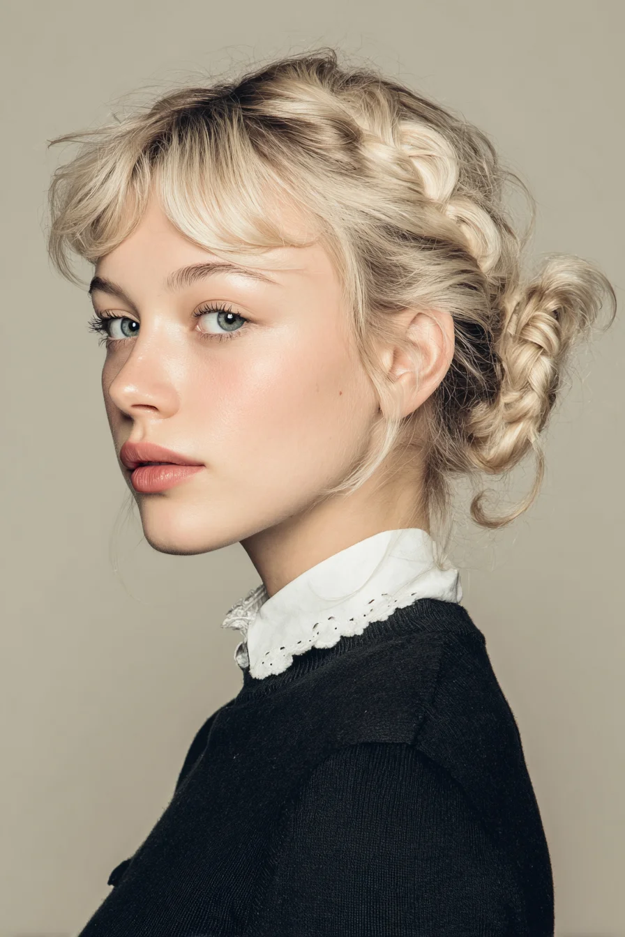Textured Dutch Braid Crown into Low Braided Bun with Wispy Bangs