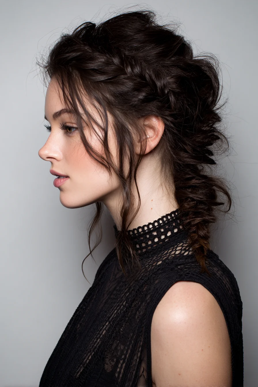 Textured Fishtail Braid Updo with Soft Face‑Framing Tendrils
