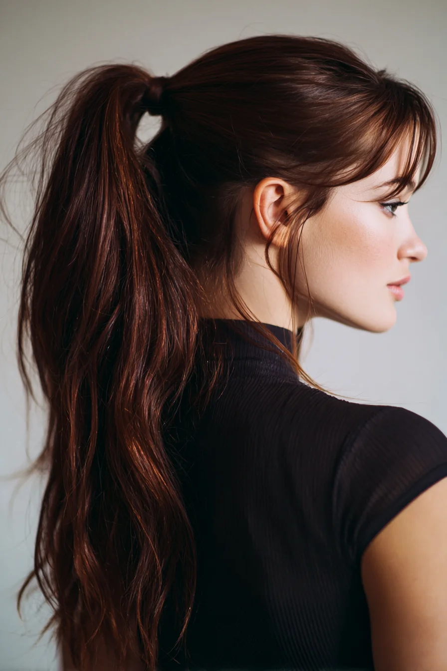 Textured High Ponytail with Face‑Framing Bangs