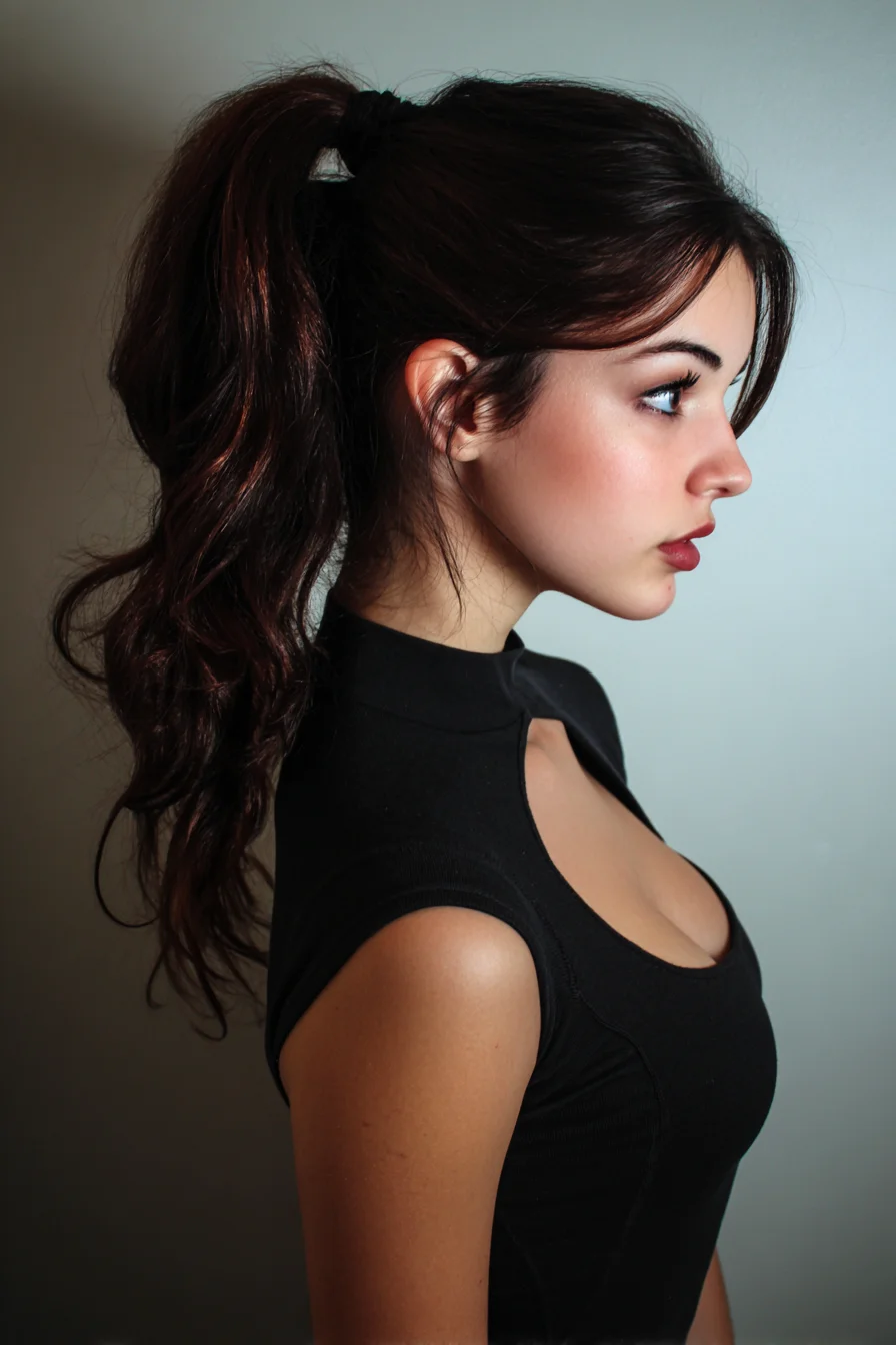 Textured High Ponytail with Face‑Framing Curtain Bangs