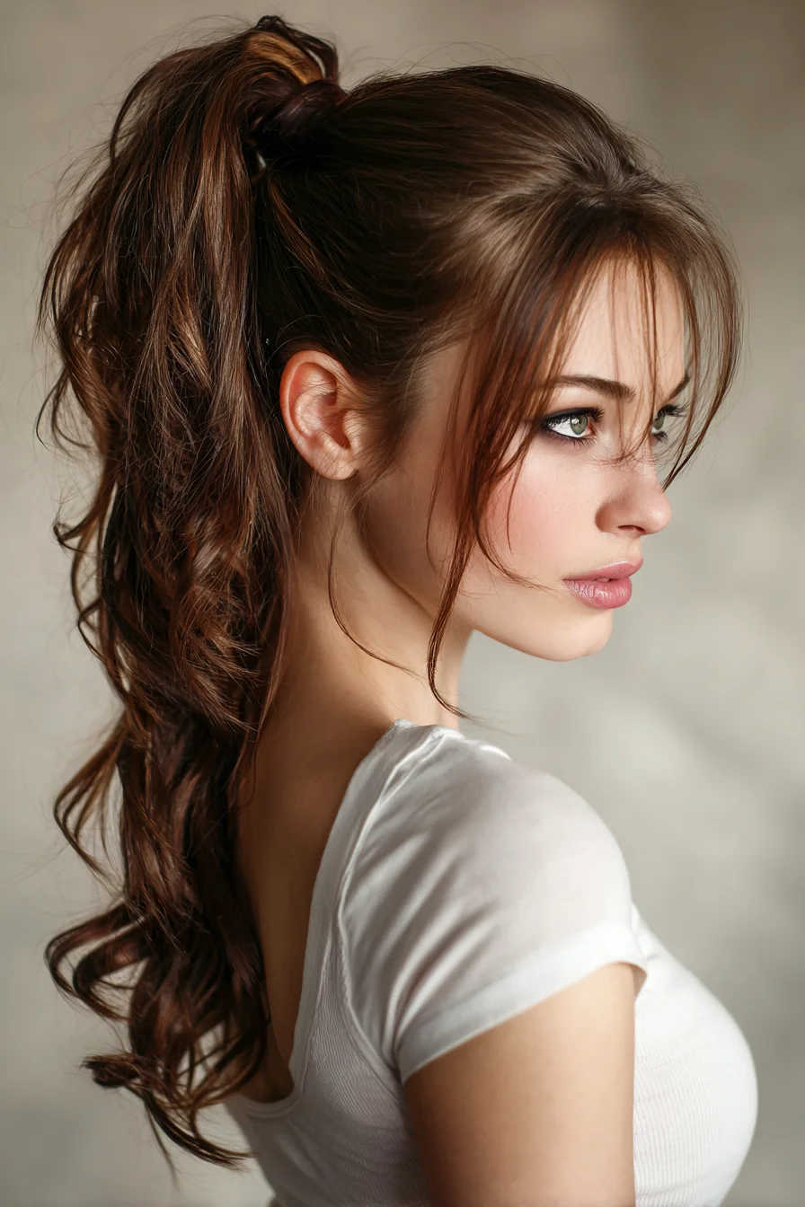Textured High Ponytail with Loose Waves and Face‑Framing Bangs
