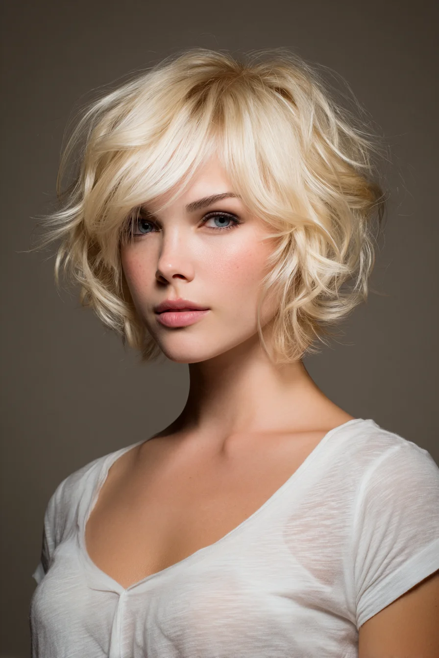 Textured Layered Blonde Bob with Side‑Swept Fringe
