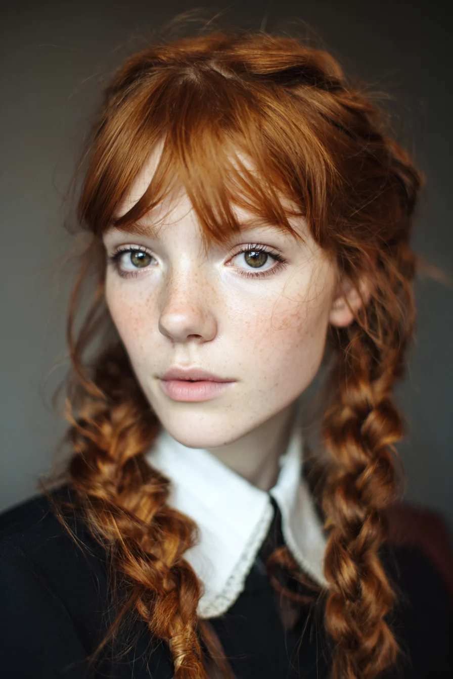 Textured Loose Double Braids with Curtain Bangs