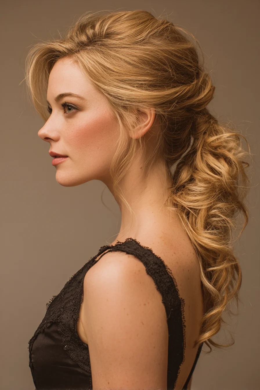 Textured Low Messy Ponytail with Face‑Framing Tendrils