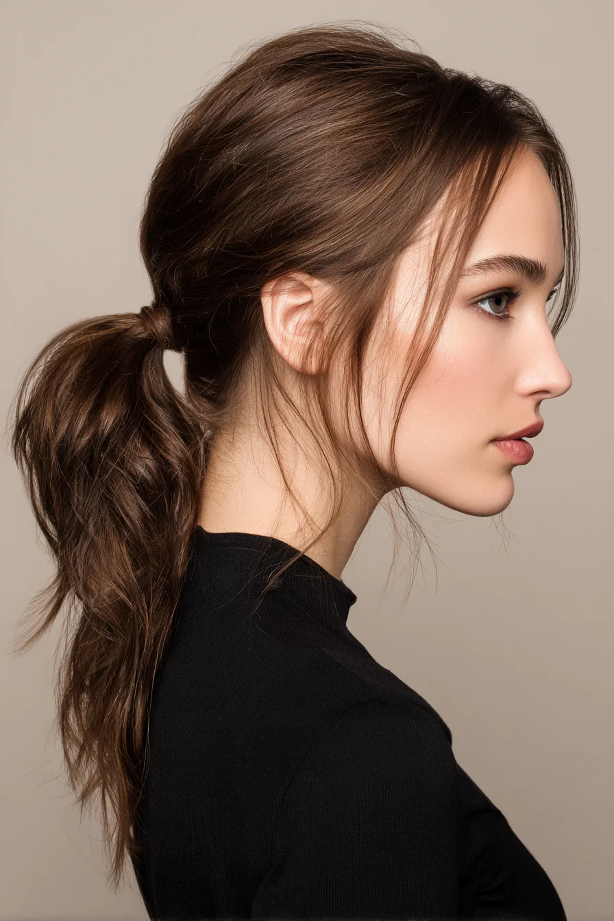 Textured Low Ponytail with Face‑Framing Layers