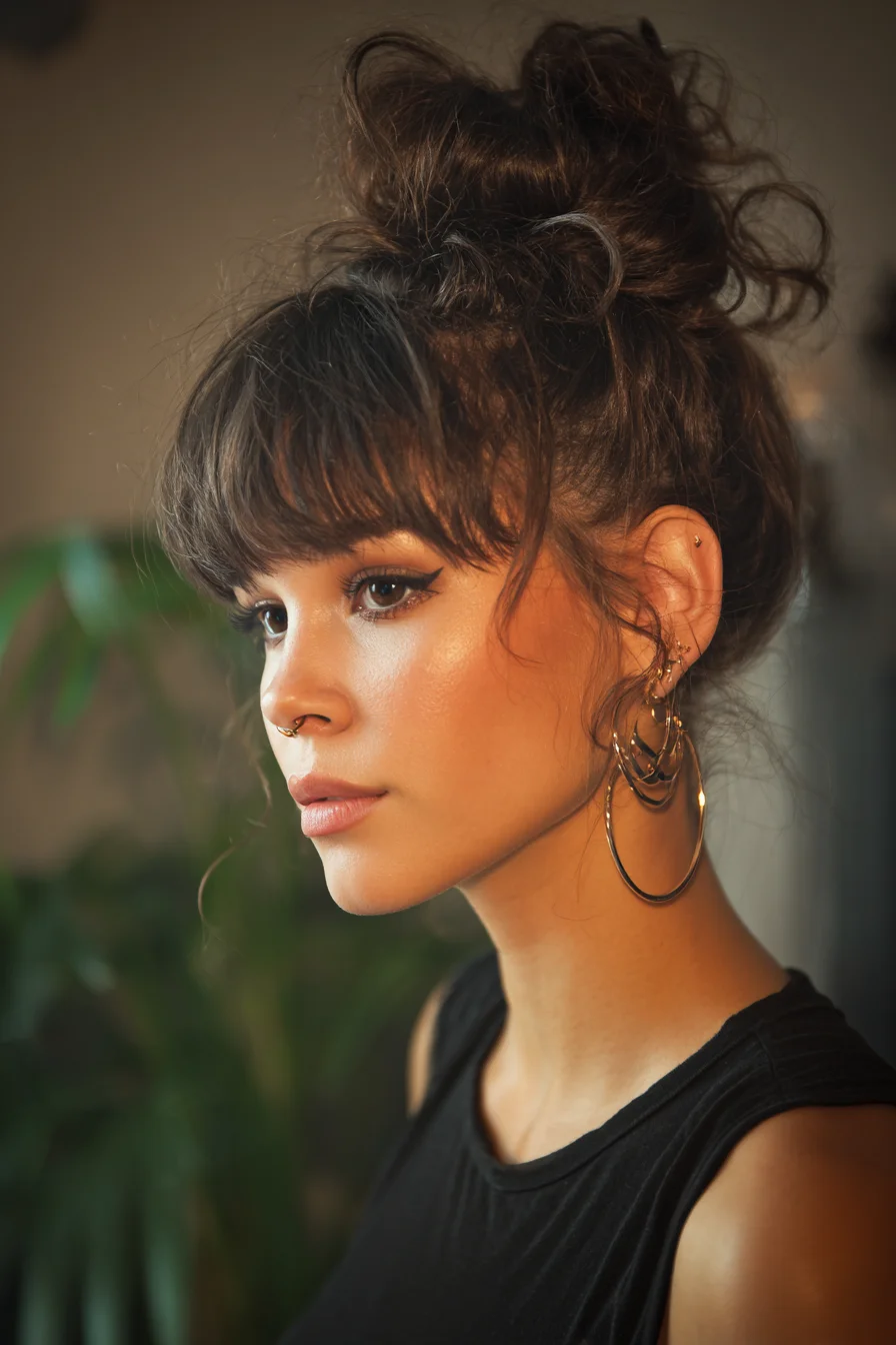 Textured Messy Top Knot with Blunt Fringe — Tousled Updo for Wavy Hair