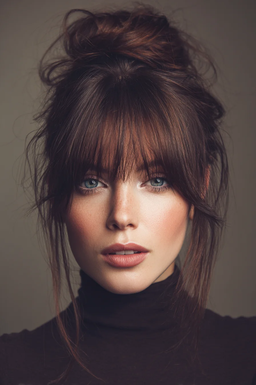 Textured Messy Top Knot with Curtain Bangs