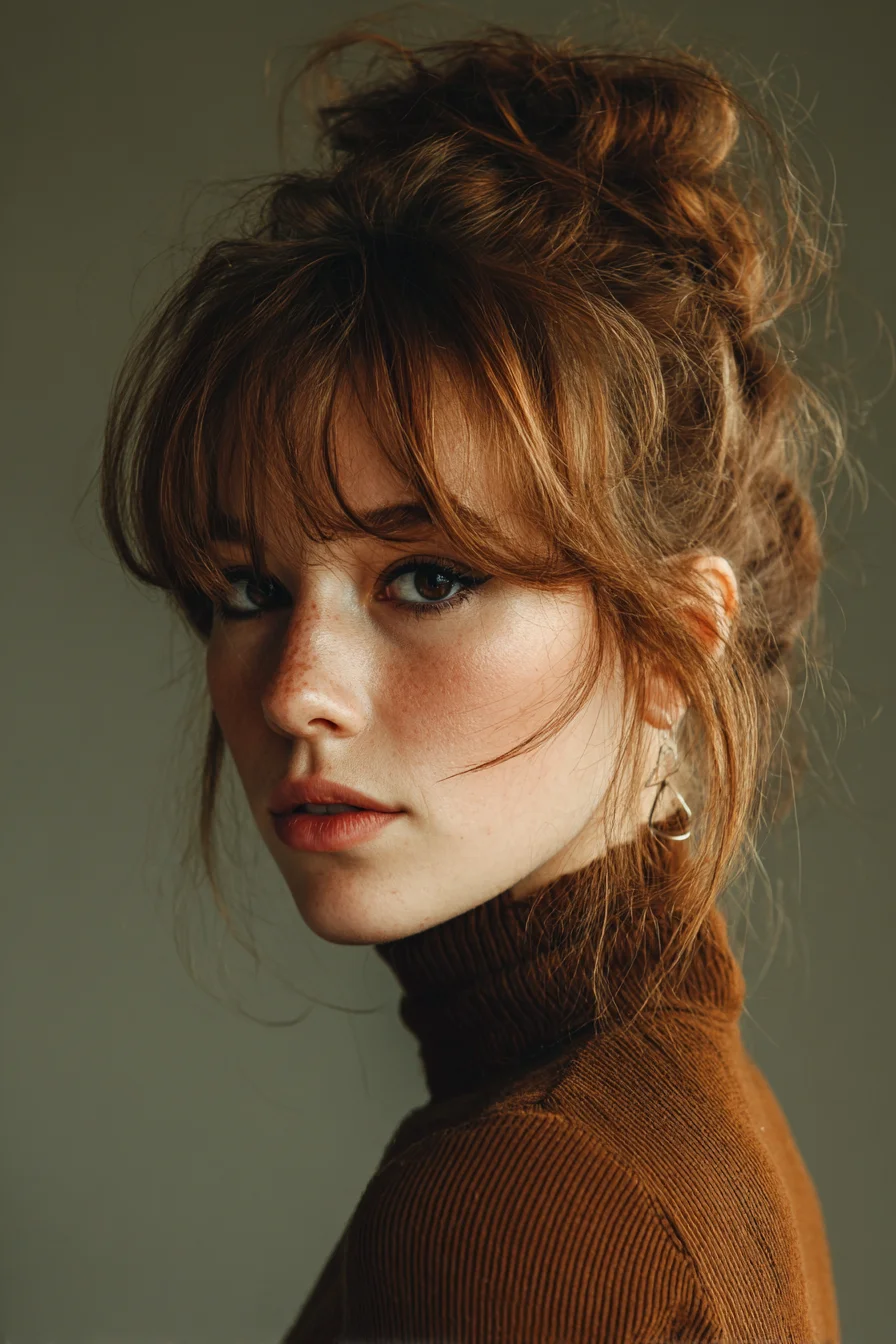 Textured Messy Topknot with Curtain Bangs