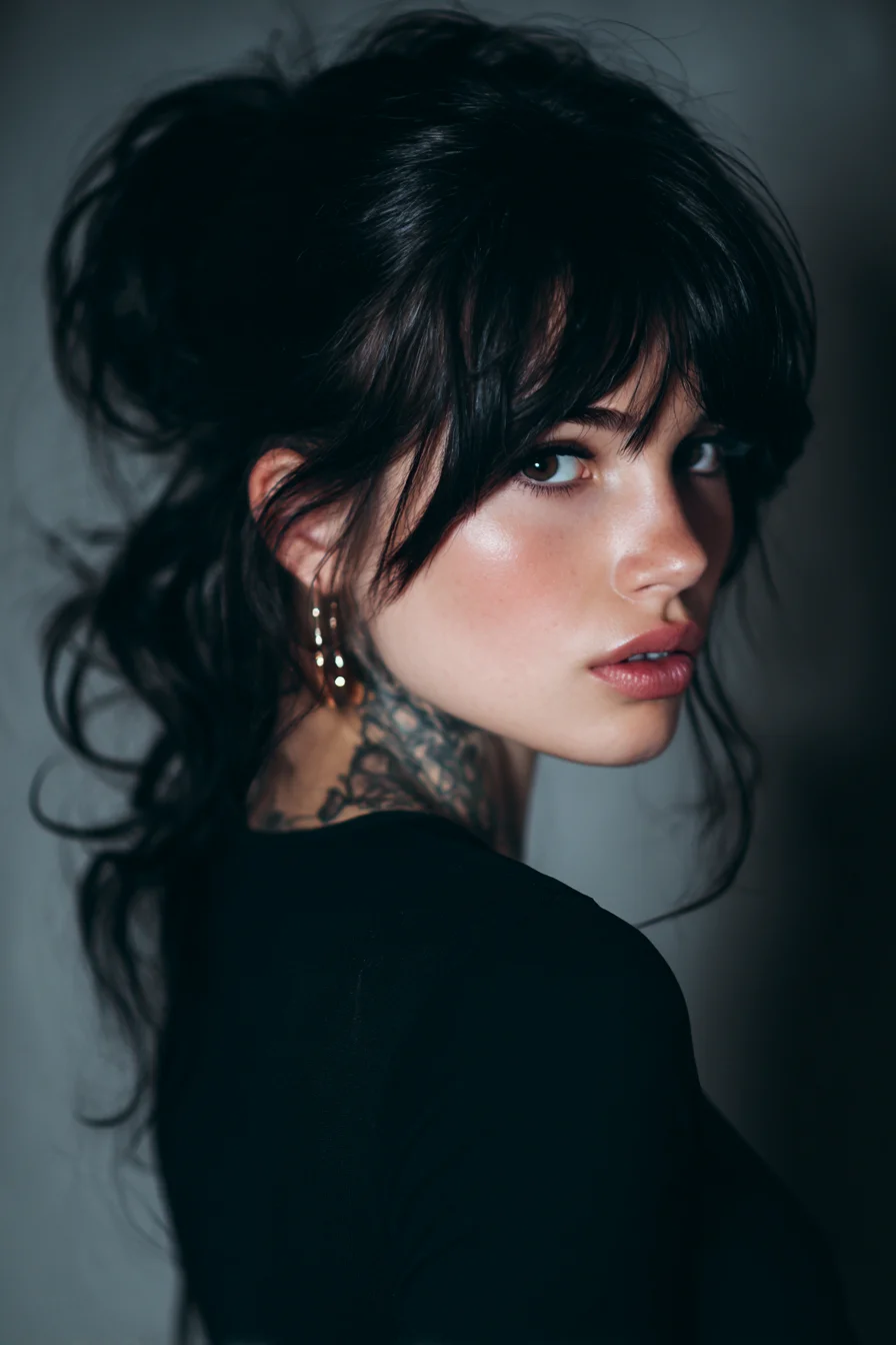 Textured Messy Updo with Curtain Bangs and Face‑Framing Pieces