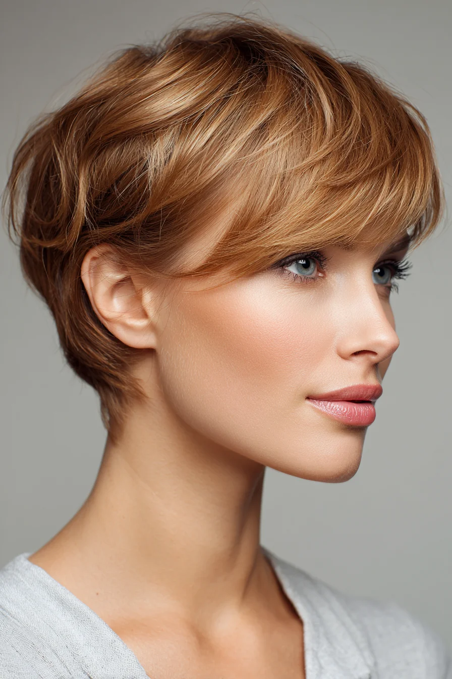 Textured Short Layered Pixie with Side‑Swept Fringe