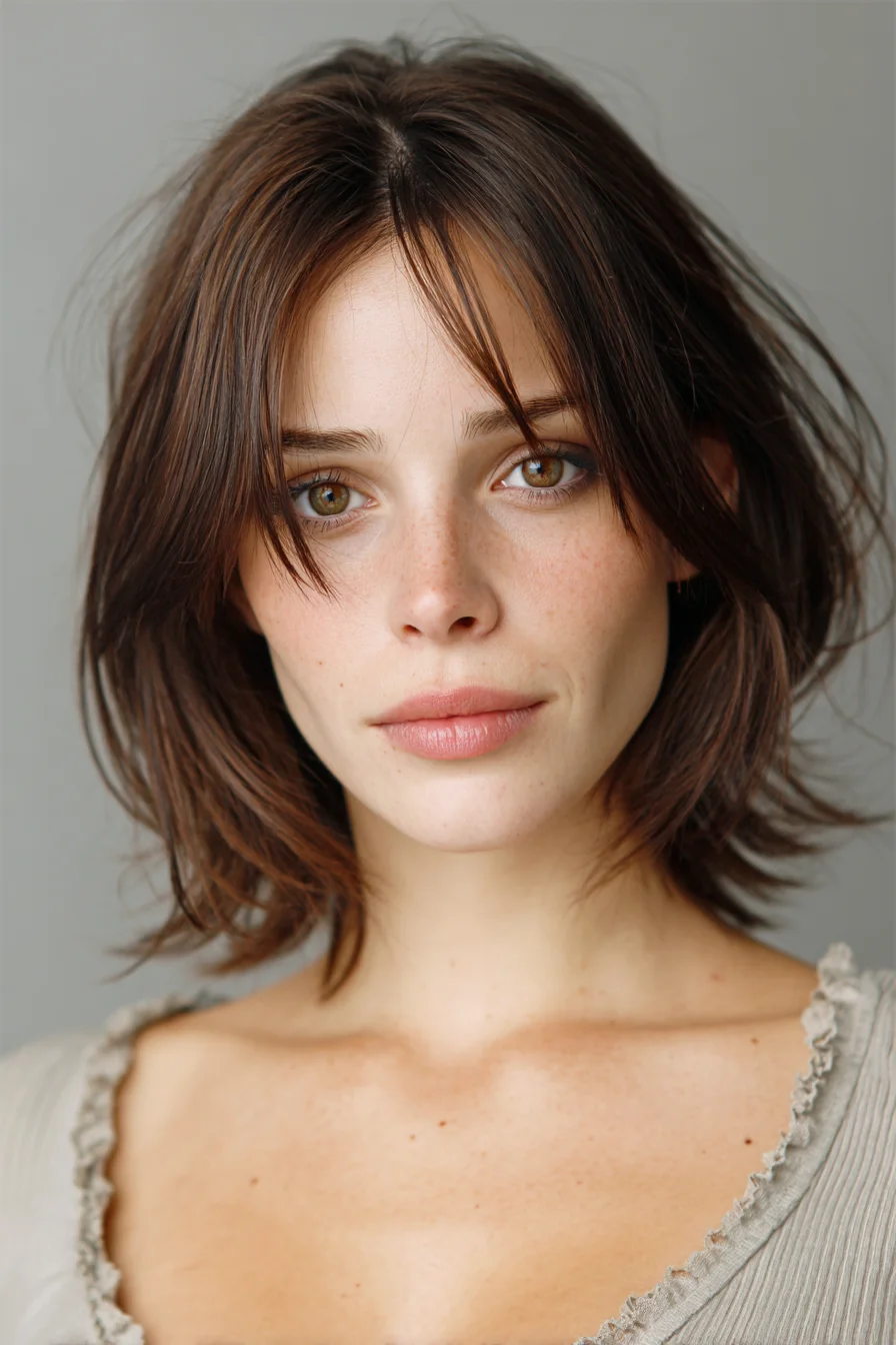 Textured Shoulder-Length Shag with Soft Curtain Bangs