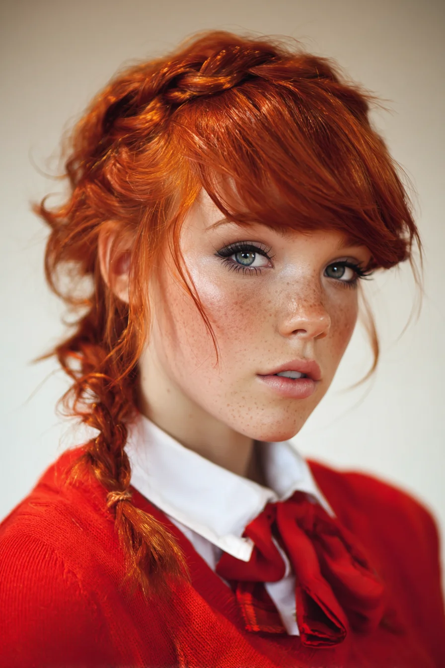 Textured Side Crown Braid with Soft Curtain Bangs