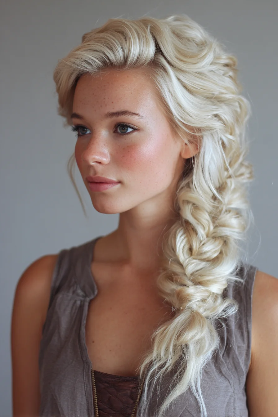 Textured Side Fishtail Braid — Voluminous Blonde, Wavy/Thick Hair