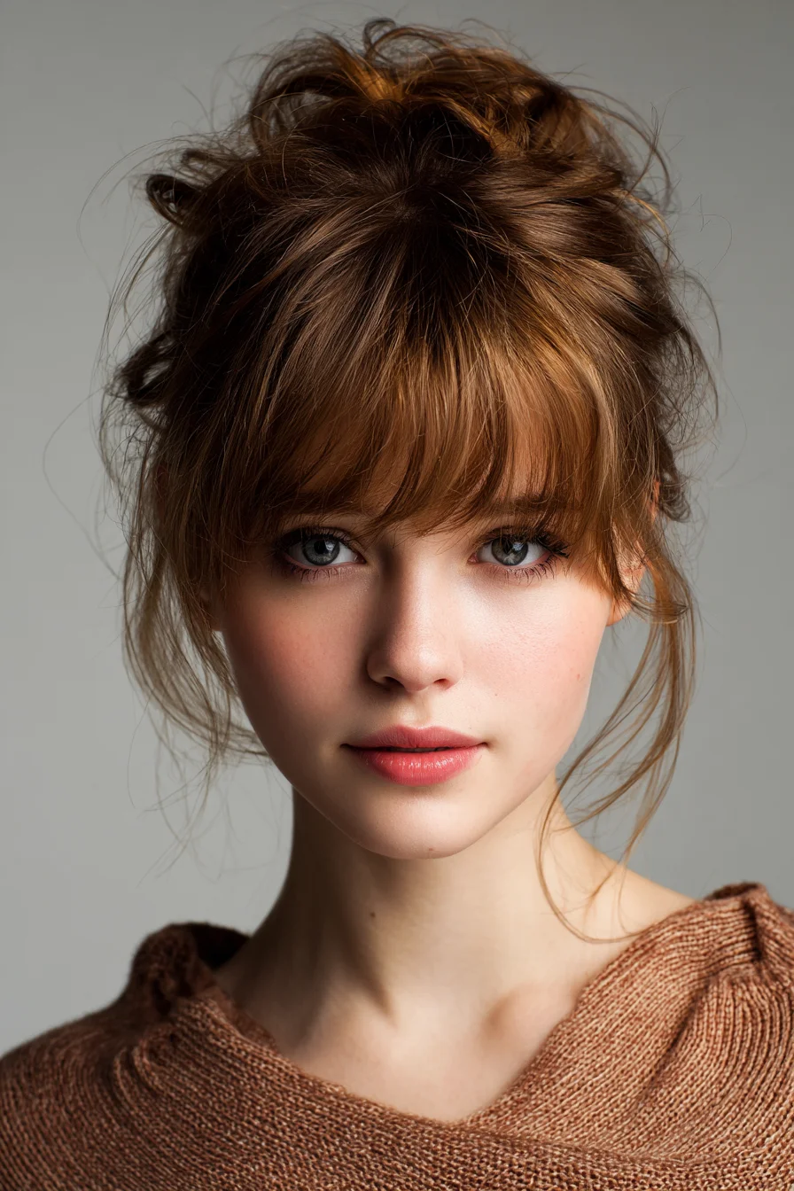 Textured Tousled Updo with Wispy Fringe — Messy Bun for Medium-to-Long Hair