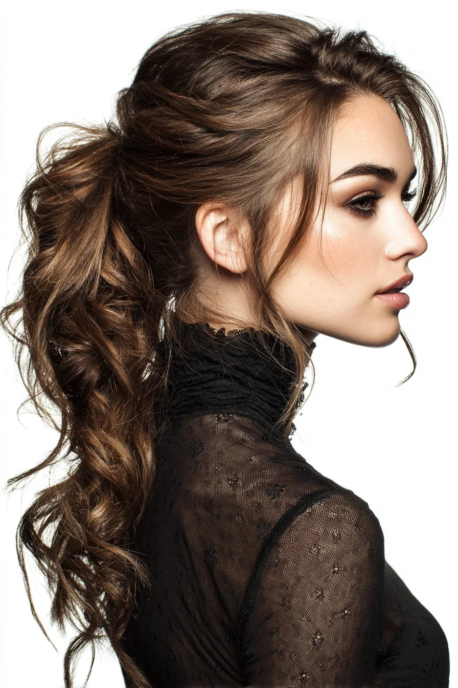Textured Voluminous Curly Ponytail with Face‑Framing Layers