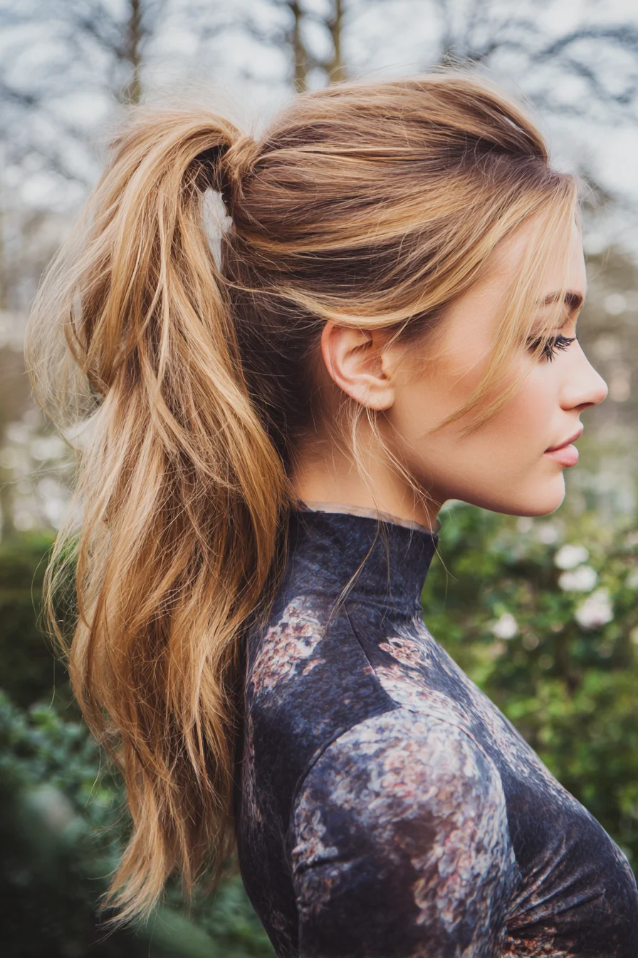 Textured Voluminous High Ponytail with Face‑Framing Layers