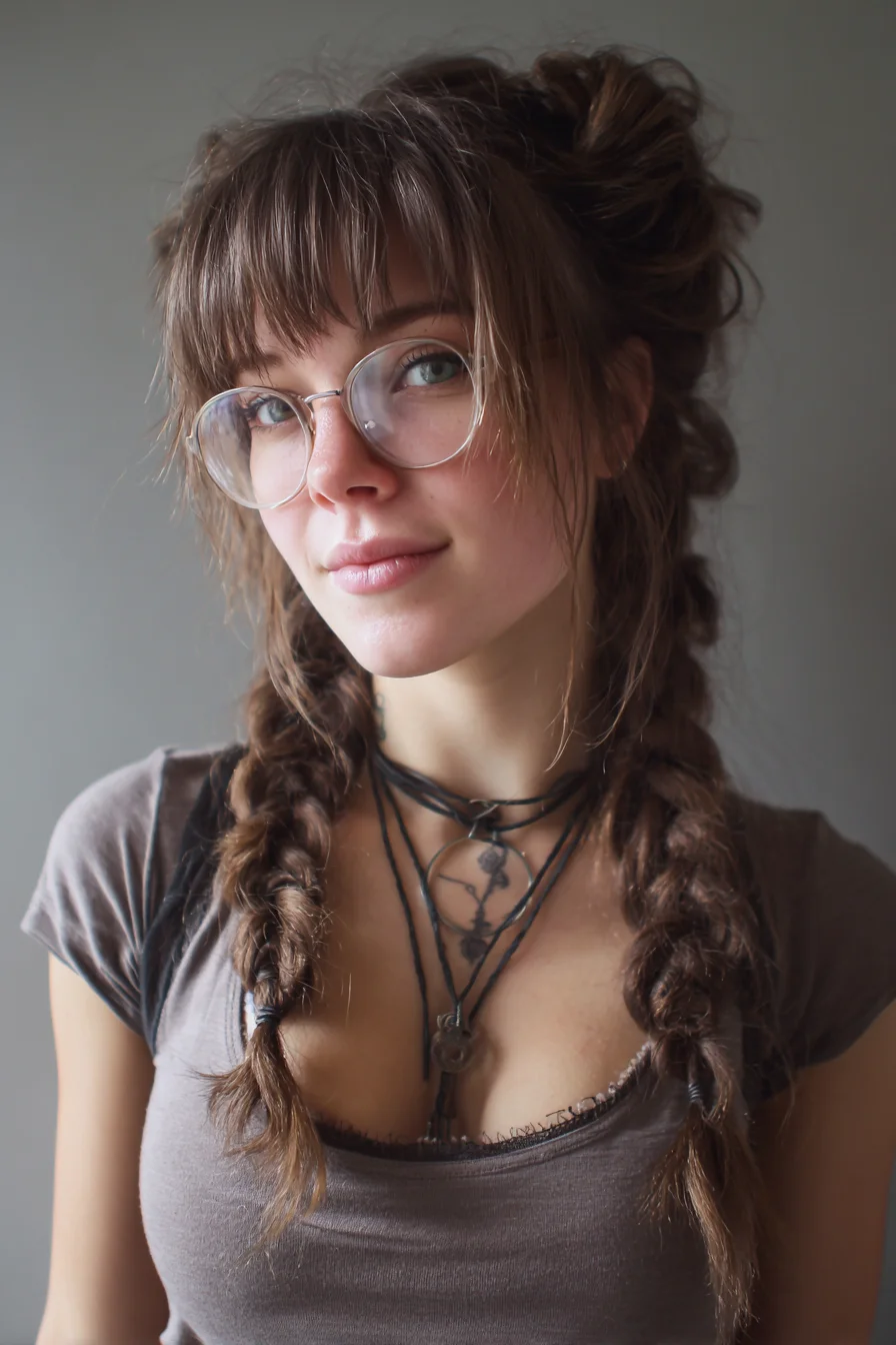 Tousled Double Braids with Textured Fringe (Messy Boho Braids)