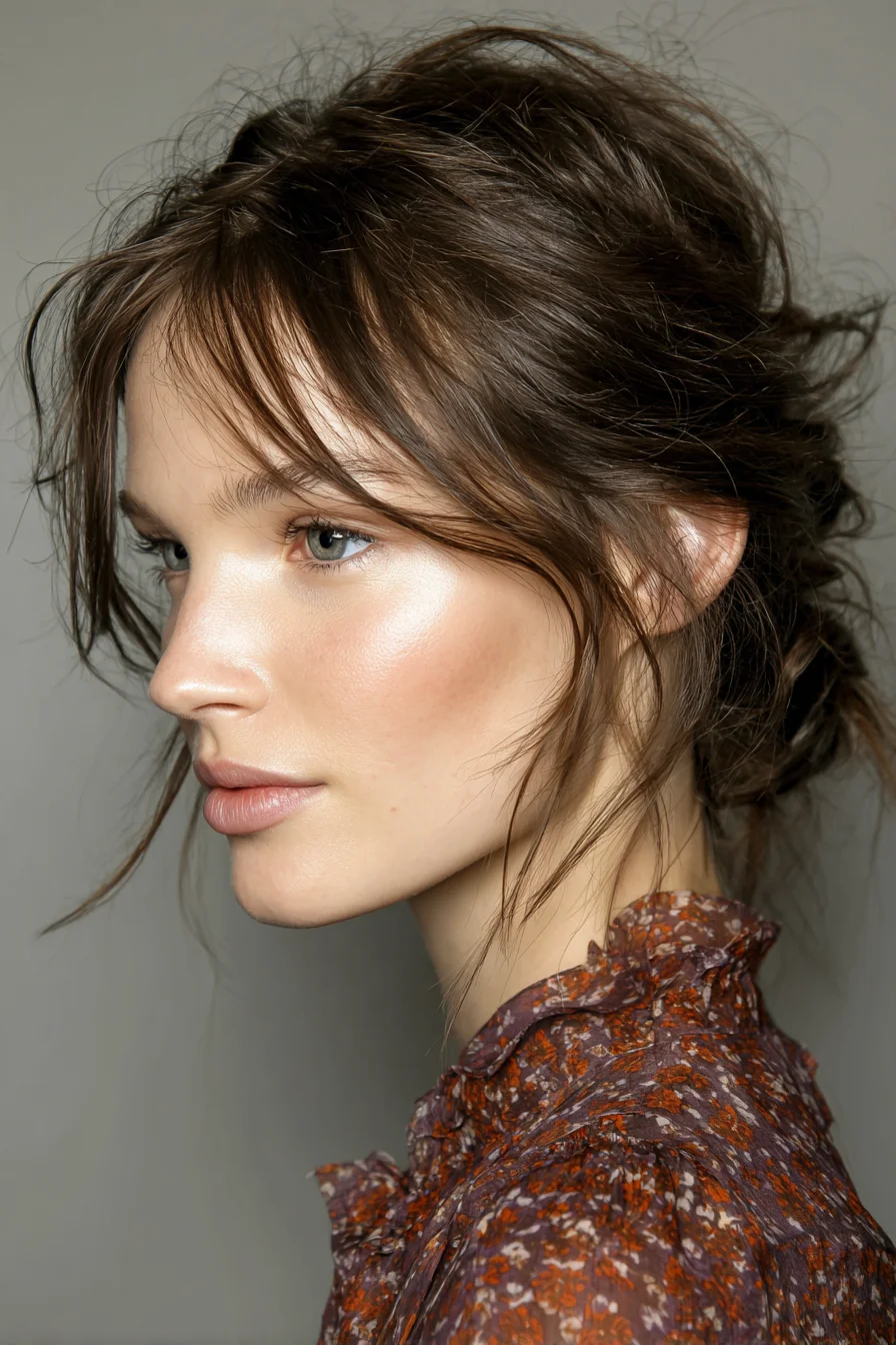Tousled Low Chignon with Wispy Face‑Framing Layers and Curtain Bangs