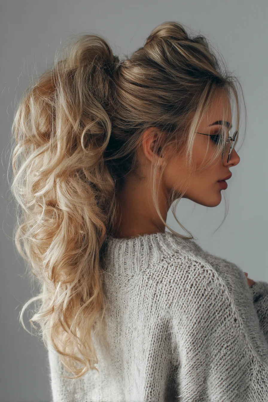 Voluminous Curly High Ponytail with Face‑Framing Layers