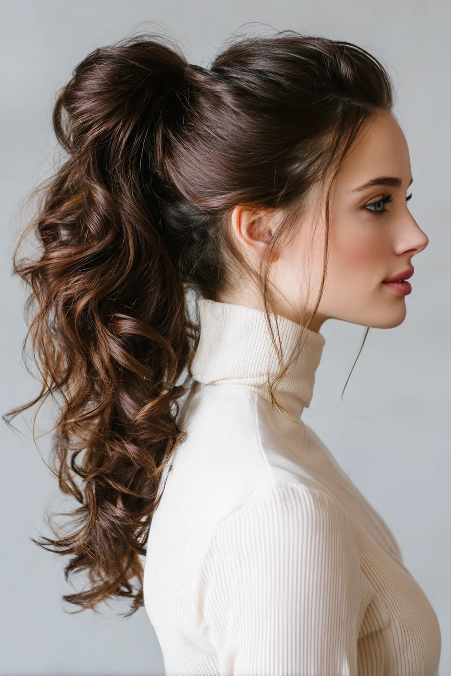 Voluminous Curly High Ponytail with Face‑Framing Tendrils